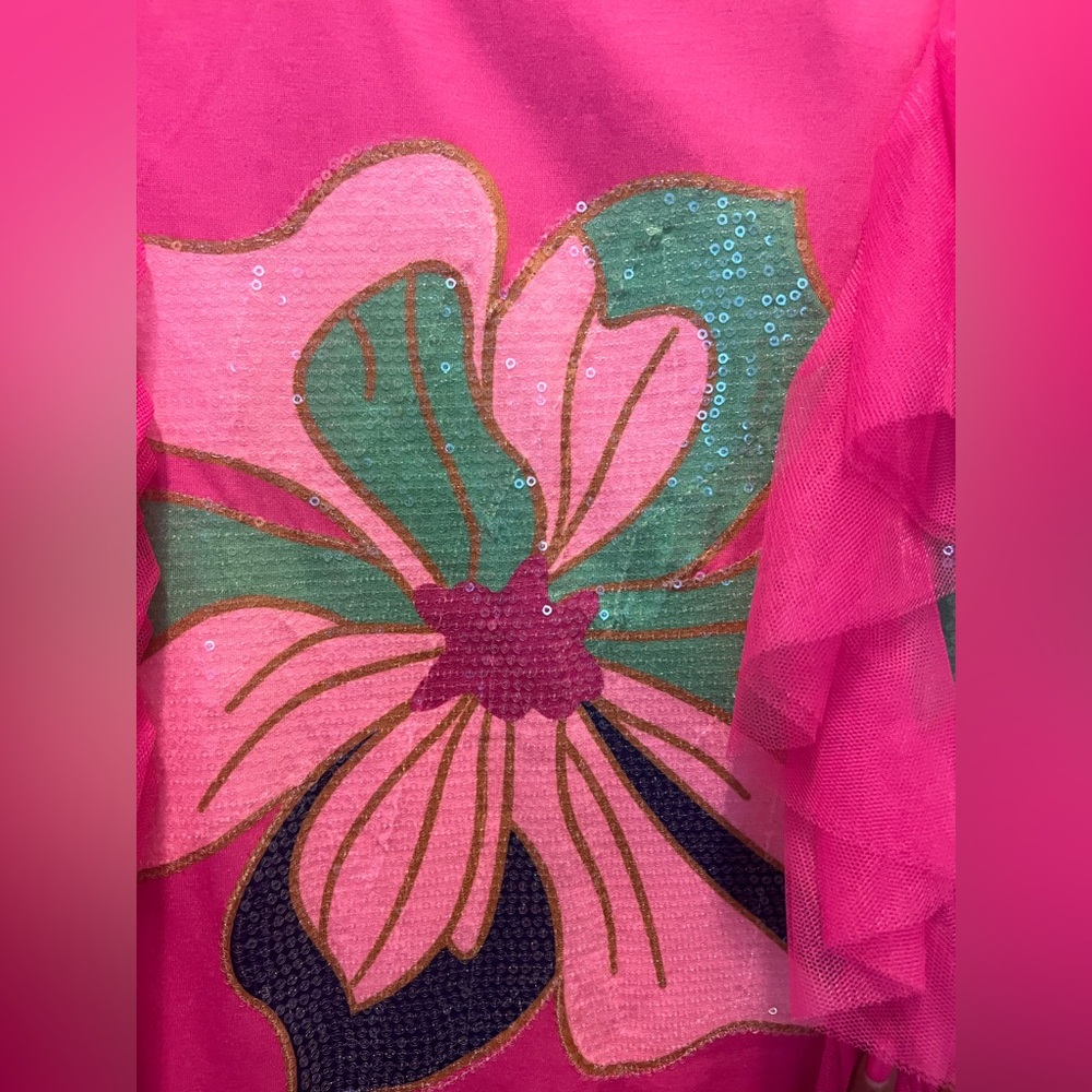 Pink Chiffon Ruffle Tunic with Floral Design - Picture 4 of 5
